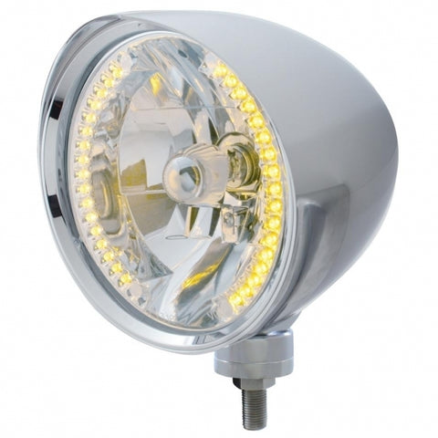 Chrome "Chopper" Headlight w/ Smooth Visor H4 Bulb w/ 34 Amber LED