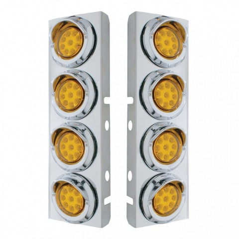 Peterbilt Stainless Front Air Cleaner Bracket w/ Eight 9 LED 2" Reflector Lights & Visors - Amber LED/Amber Lens