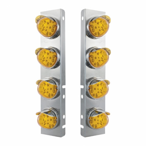 Peterbilt Stainless Front Air Cleaner Bracket w/ Eight 17 LED Reflector Watermelon Lights & Stainless Visors - Amber LED/Amber Lens