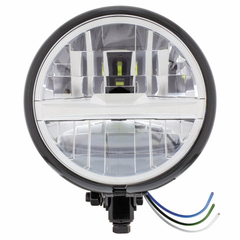 Black 5 3/4" Motorcycle Headlight 8 LED Bulb w/Silver Bar - Bottom Mount