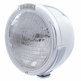 Stainless Steel Classic Half Moon Headlight 6014 Bulb & LED Turn Signal - Clear Lens