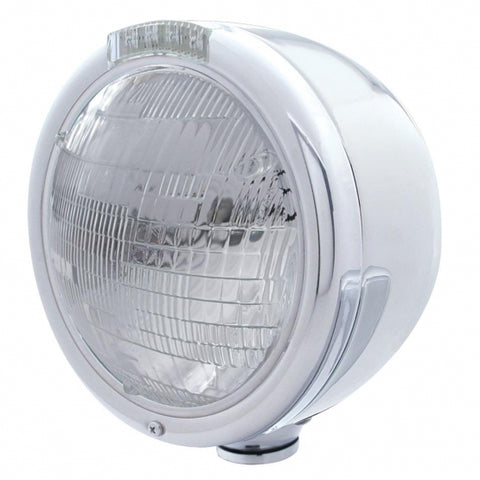 Stainless Steel Classic Half Moon Headlight 6014 Bulb & LED Turn Signal - Clear Lens