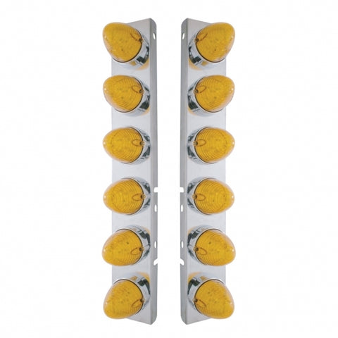 Peterbilt Stainless Front Air Cleaner Bracket w/ Twelve 19 LED Beehive Lights & Bezels - Amber LED/Amber Lens