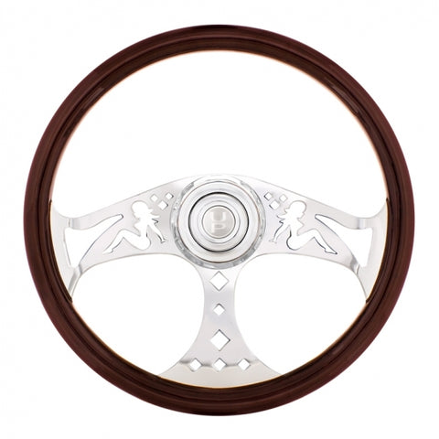 18" Lady Steering Wheel With Chrome Horn Bezel And Horn Button - Woodgrain