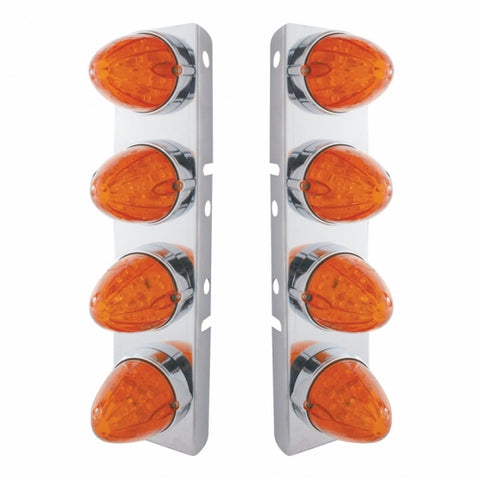 Peterbilt Stainless Front Air Cleaner Bracket w/ Eight 19 LED Watermelon Lights & Bezels - Amber LED/Dark Amber Lens