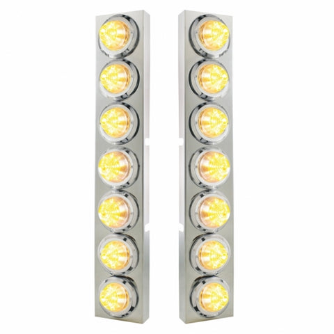 Kenworth Stainless Front Air Cleaner Bracket w/ Fourteen 9 LED 2" Beehive Lights & Bezels - Amber LED/Clear Lens