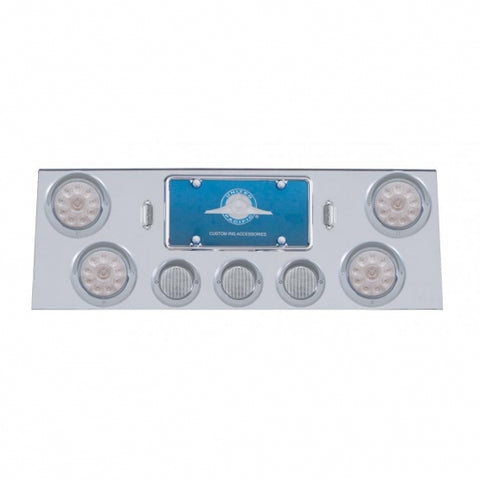 Stainless Rear Center Panel w/ Four 10 LED 4" Lights & Three 13 LED 2 1/2" Lights & Visors - Red LED/Clear Lens