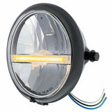 Black 5 3/4" Motorcycle Headlight 9 LED Bulb w/Amber LED Light Bar - Side Mount