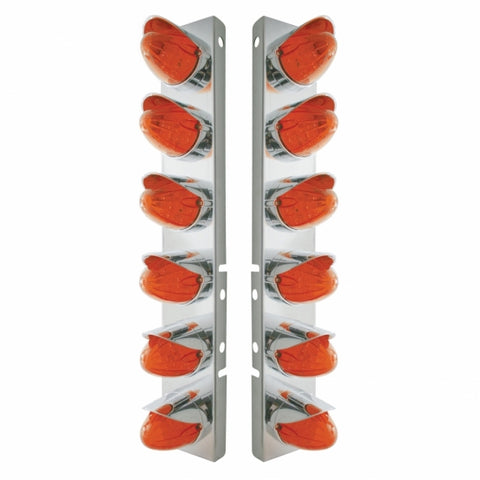 Peterbilt Stainless Front Air Cleaner Bracket w/ Twelve 19 LED Watermelon Lights & Visors - Amber LED/Dark Amber Lens