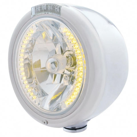 Stainless Steel Classic Half Moon Headlight H4 w/ Amber LED & Dual Mode LED Signal-Clear Lens