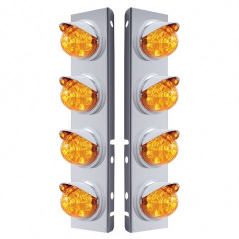 Peterbilt Stainless Front Air Cleaner Bracket w/ Eight 17 LED Reflector Watermelon Lights & Visors - Amber LED/Amber Lens