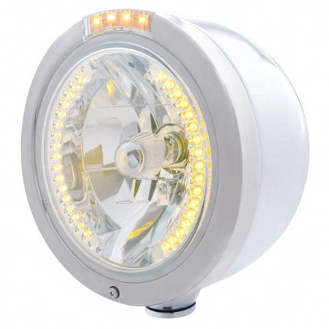 Stainless Steel Bullet Half Moon Headlight H4 w/ Amber LED & Dual Mode LED Signal-Clear Lens