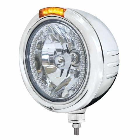 SS Classic Embossed Stripe Headlight H4 w/Amber LED & Dual Mode LED Signal -Amber Lens