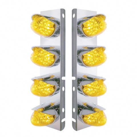 Peterbilt Stainless Front Air Cleaner Bracket w/ Eight 19 LED Beehive Lights & Visors - Amber LED/Amber Lens