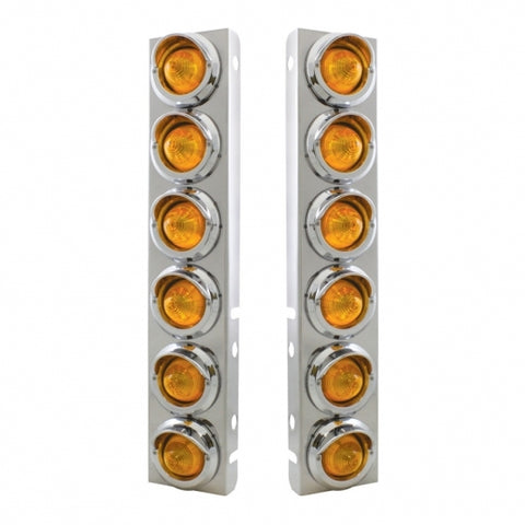 Peterbilt Stainless Front Air Cleaner Bracket w/ Twelve 9 LED 2" Beehive Lights & Visors - Amber LED/Amber Lens