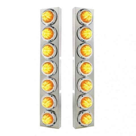 Kenworth Stainless Front Air Cleaner Bracket w/ Fourteen 9 LED 2" Beehive Lights & Bezels - Amber LED/Amber Lens