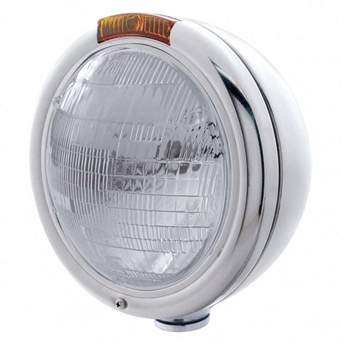 Stainless Steel Classic Headlight 6014 Bulb & Turn Signal - Amber Lens