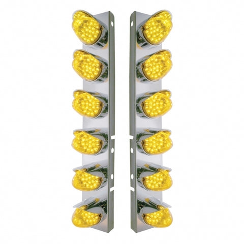 Peterbilt Stainless Front Air Cleaner Bracket w/ Twelve 19 LED Reflector Lights & Visors - Amber LED/Amber Lens