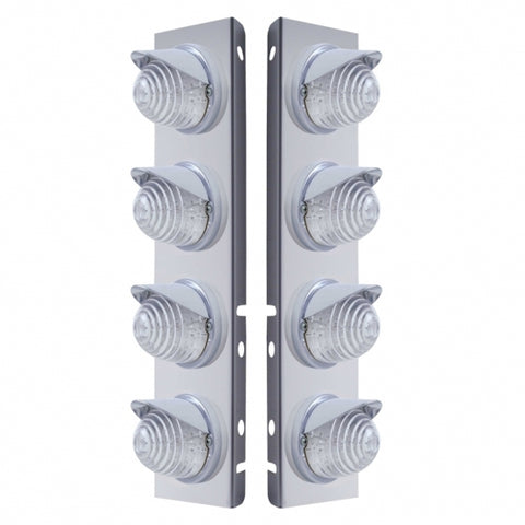 Peterbilt Stainless Front Air Cleaner Bracket w/ Eight 17 LED Beehive Lights & Visors - Amber LED/Clear Lens