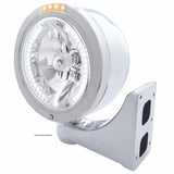 Stainless Steel Bullet Half Moon Headlight H4 w/ White LED & Signal - Clear Lens
