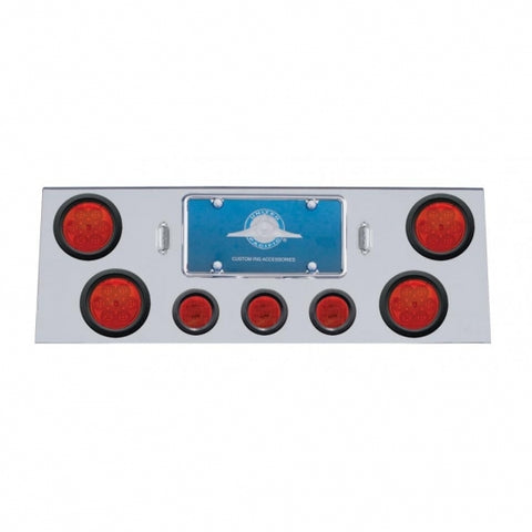 Stainless Rear Center Panel w/ Four 7 LED 4" Reflector Lights & Three 13 LED 2 1/2" Lights & Grommets - Red LED/Red Lens