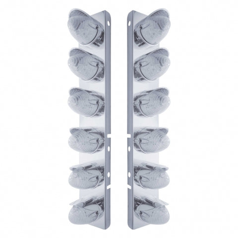 Peterbilt Stainless Front Air Cleaner Bracket w/ Twelve 19 LED Beehive Lights & Visors - Amber LED/Clear Lens
