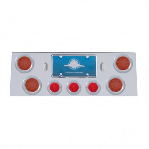 Stainless Rear Center Panel w/ Four 12 LED 4" Reflector Lights & Three 13 LED 2 1/2" Beehive Lights & Bezels - Red LED/Red Lens