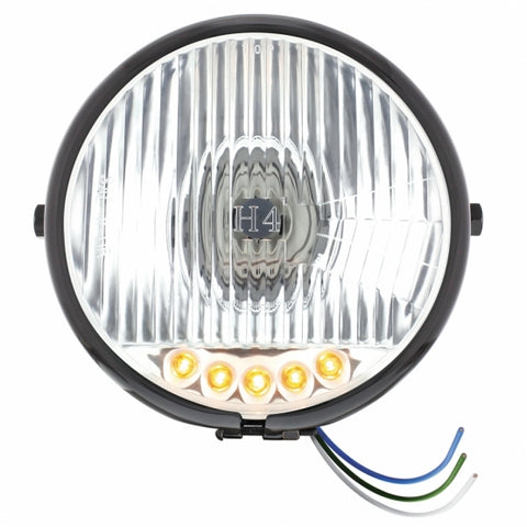 Black 5 3/4" Motorcycle Headlight H4 Bulb w/5 Amber LED - Side Mount